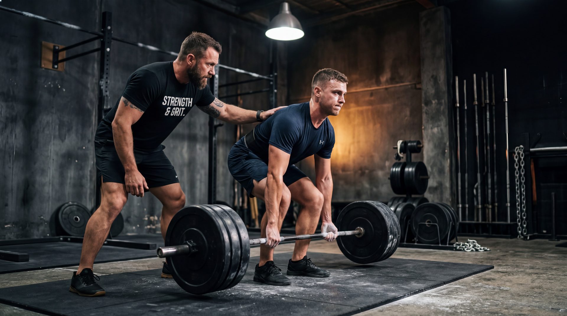 Personal trainer coaching a client through a barbell deadlift in a raw industrial gym