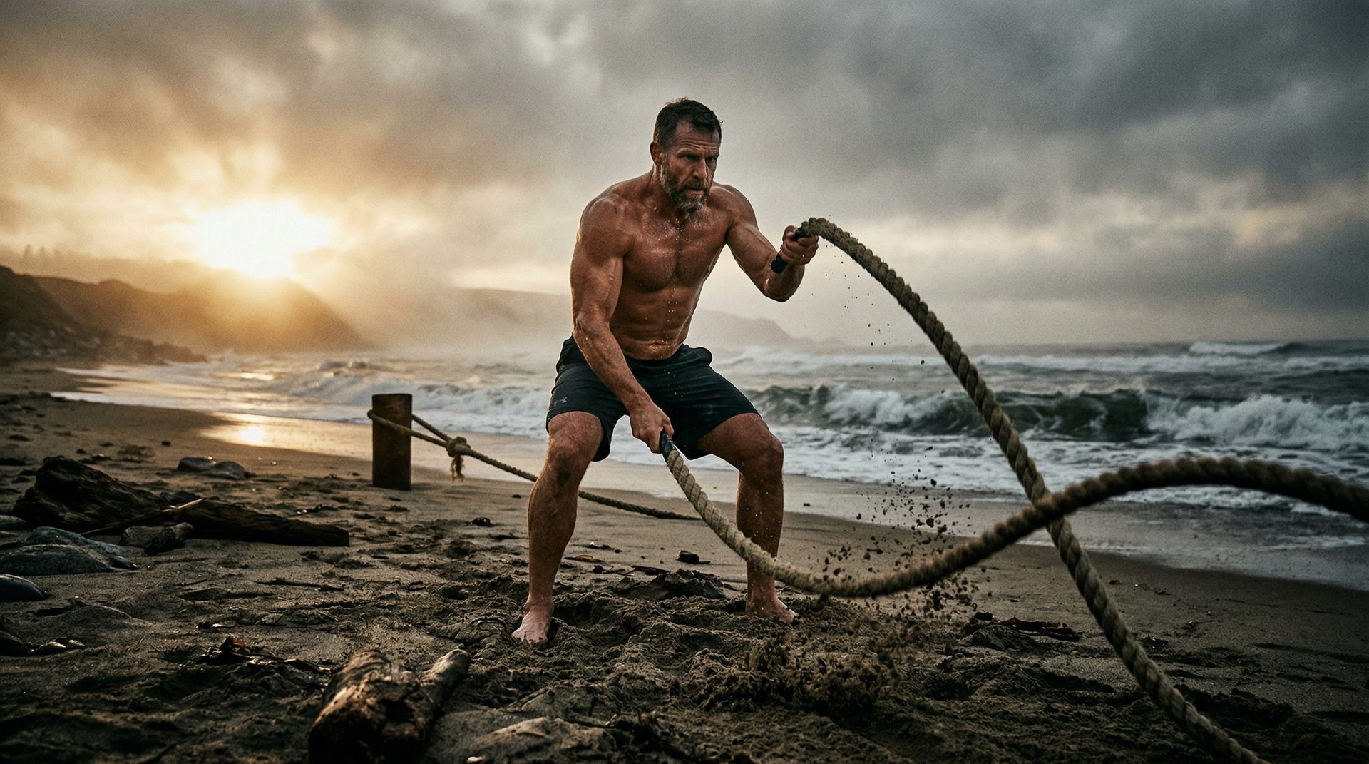 Man training with battle ropes on a beach at dawn